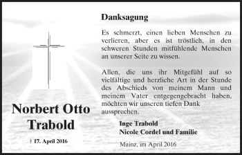 Traueranzeige von Norbert Otto Trabold von  Allgemeine Zeitung Mainz