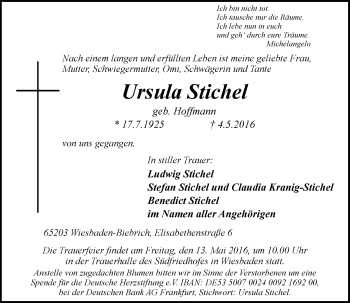 Traueranzeige von Ursula Stichel von  Wiesbaden komplett