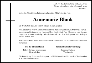 Traueranzeige von Annemarie Blank von  Allgemeine Zeitung Mainz