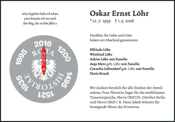 Traueranzeige von Oskar Ernst Löhr von  Wormser Zeitung