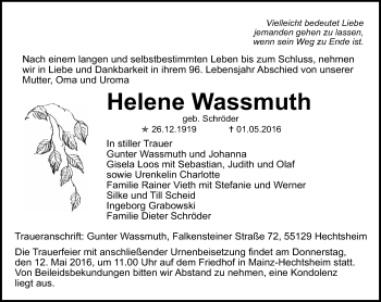 Traueranzeige von Helene Wassmuth von  Allgemeine Zeitung Mainz