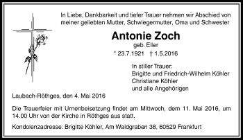 Traueranzeige von Antonia Zoch von  Gießener Anzeiger