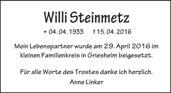 Traueranzeige von Willi Steinmetz von Trauerportal Echo Online