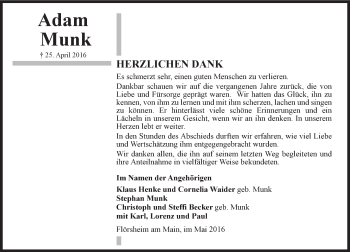 Traueranzeige von Adam Munk von  Mainspitze
