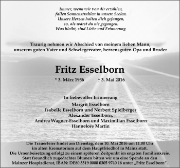 Traueranzeige von Fritz Esselborn von  Allgemeine Zeitung Mainz