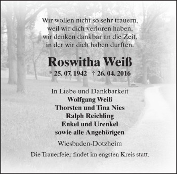 Traueranzeige von Roswitha Weiß von  Wiesbaden komplett