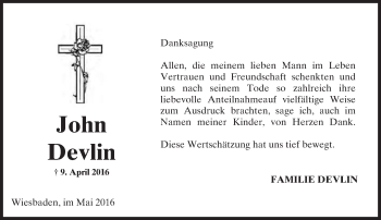 Traueranzeige von John Devlin von  Wiesbaden komplett