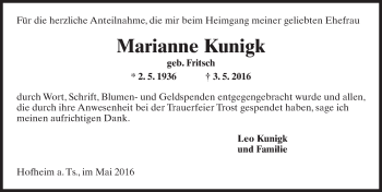 Traueranzeige von Marianne Kunigk von  Hofheimer Zeitung