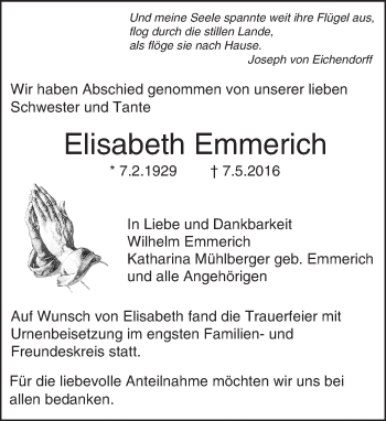 Traueranzeige von Elisabeth Emmerich von Trauerportal Echo Online