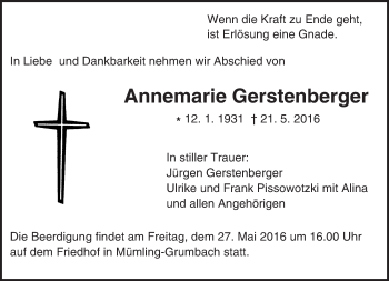 Traueranzeige von Annemarie Gerstenberger von Trauerportal Echo Online