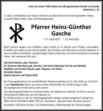 Traueranzeige von Heinz-Günther Gasche von  Usinger Anzeiger