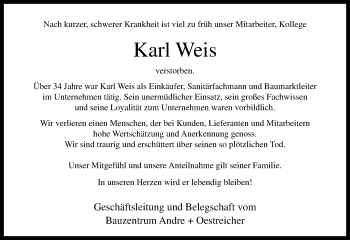 Traueranzeige von Karl Weis von Trauerportal Echo Online