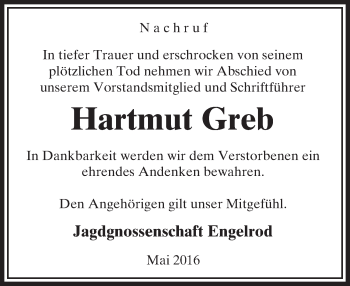 Traueranzeige von Hartmut Greb von VRM Trauer