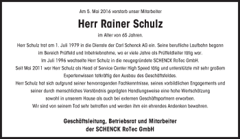 Traueranzeige von Rainer Schulz von Trauerportal Echo Online