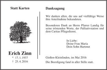 Traueranzeige von Erich Zinn von  Gießener Anzeiger