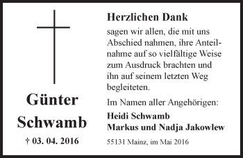 Traueranzeige von Günter Schwamb von  Allgemeine Zeitung Mainz