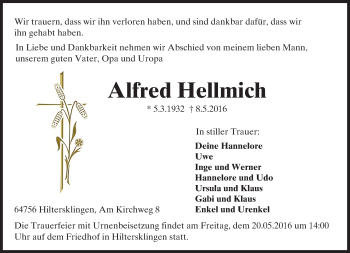 Traueranzeige von Alfred Helmich von Trauerportal Echo Online