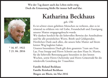 Traueranzeige von Katharina Beckhaus von  Allg. Zeitung Bad Kreuznach