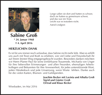 Traueranzeige von Sabine Groß von  Wiesbaden komplett