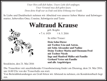 Traueranzeige von Waltraud Krause von  Kreisanzeiger