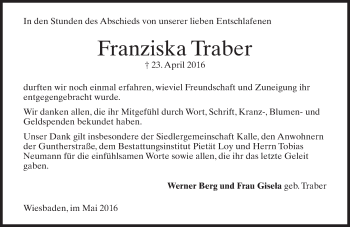 Traueranzeige von Franziska Traber von  Wiesbaden komplett