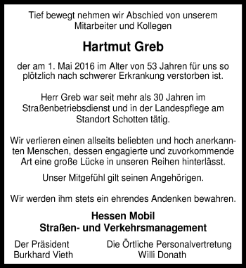 Traueranzeige von Hartmut Greb von VRM Trauer