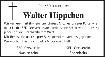 Traueranzeige von Walter Hippchen von  Allgemeine Zeitung Mainz