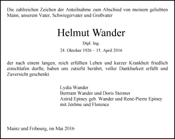 Traueranzeige von Helmut Wander von  Allgemeine Zeitung Mainz