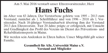 Traueranzeige von Hans Fuchs von  Allgemeine Zeitung Mainz