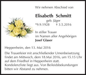 Traueranzeige von Elisabeth Schmitt von Trauerportal Echo Online