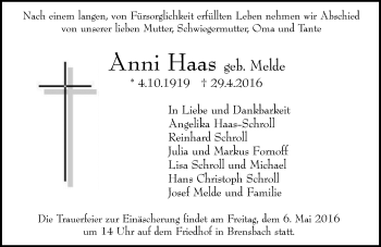 Traueranzeige von Anni Haas von Trauerportal Echo Online