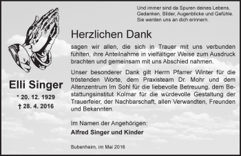 Traueranzeige von Elli Singer von  Allgemeine  Zeitung Ingelheim-Bingen