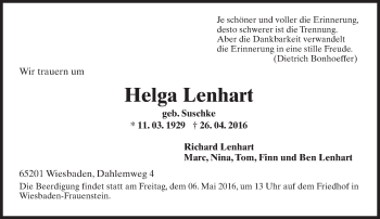 Traueranzeige von Helga Lenhart von  Wiesbaden komplett