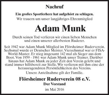 Traueranzeige von Adam Munk von  Mainspitze