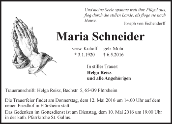 Traueranzeige von Maria Schneider von  Mainspitze