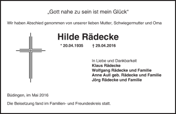 Traueranzeige von Hilde Rädecke von  Kreisanzeiger