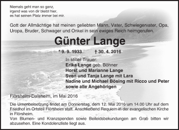 Traueranzeige von Günter Lange von  Wormser Zeitung