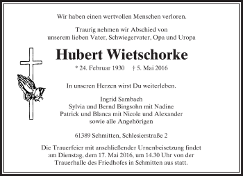 Traueranzeige von Hubert Wietschorke von  Usinger Anzeiger