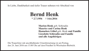 Traueranzeige von Bernd Henk von Trauerportal Rhein Main Presse