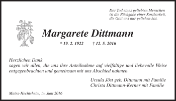 Traueranzeige von Margarete Dittmann von  Allgemeine Zeitung Mainz