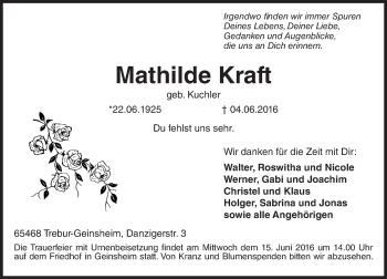 Traueranzeige von Mathilde Kraft von Trauerportal Echo Online