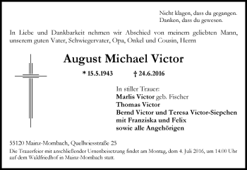 Traueranzeige von August Michael Victor von Trauerportal Rhein Main Presse