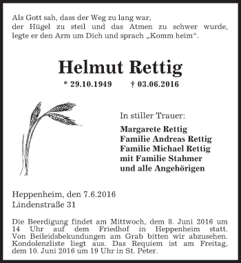 Traueranzeige von Helmut Rettig von Trauerportal Echo Online