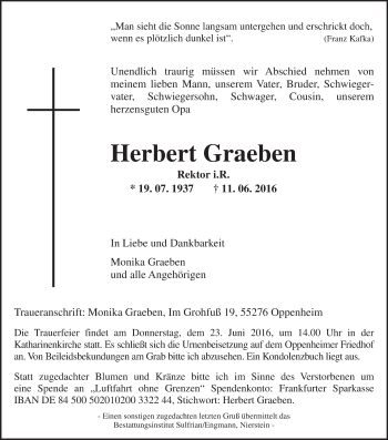 Traueranzeige von Herbert Graeben von Trauerportal Rhein Main Presse