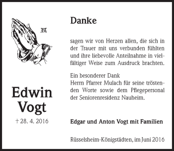 Traueranzeige von Edwin Vogt von  Mainspitze
