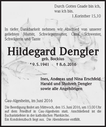 Traueranzeige von Hildegard Dengler von  Allgemeine  Zeitung Ingelheim-Bingen