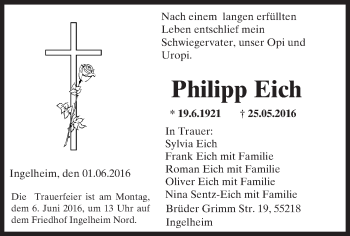 Traueranzeige von Philipp Eich von  Allgemeine  Zeitung Ingelheim-Bingen