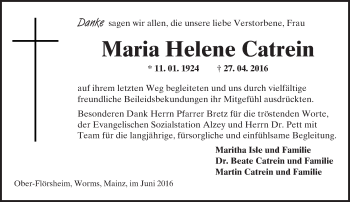 Traueranzeige von Maria Helene Catrein von  Allgemeine Zeitung Alzey