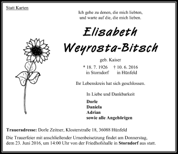 Traueranzeige von Elisabth Weyrosta-Bitsch von VRM Trauer