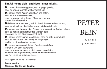 Traueranzeige von Peter Bein von Trauerportal Echo Online
